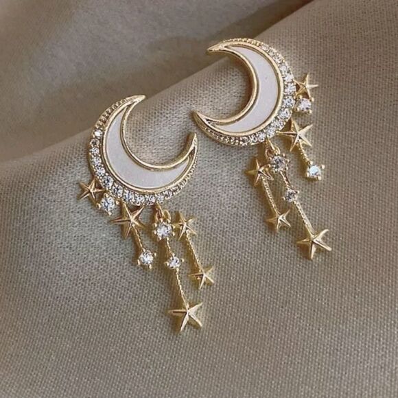 Cubic Zirconia Faux Gold Moon Celestial Dangle Stud Earrings - Picture 2 of 5